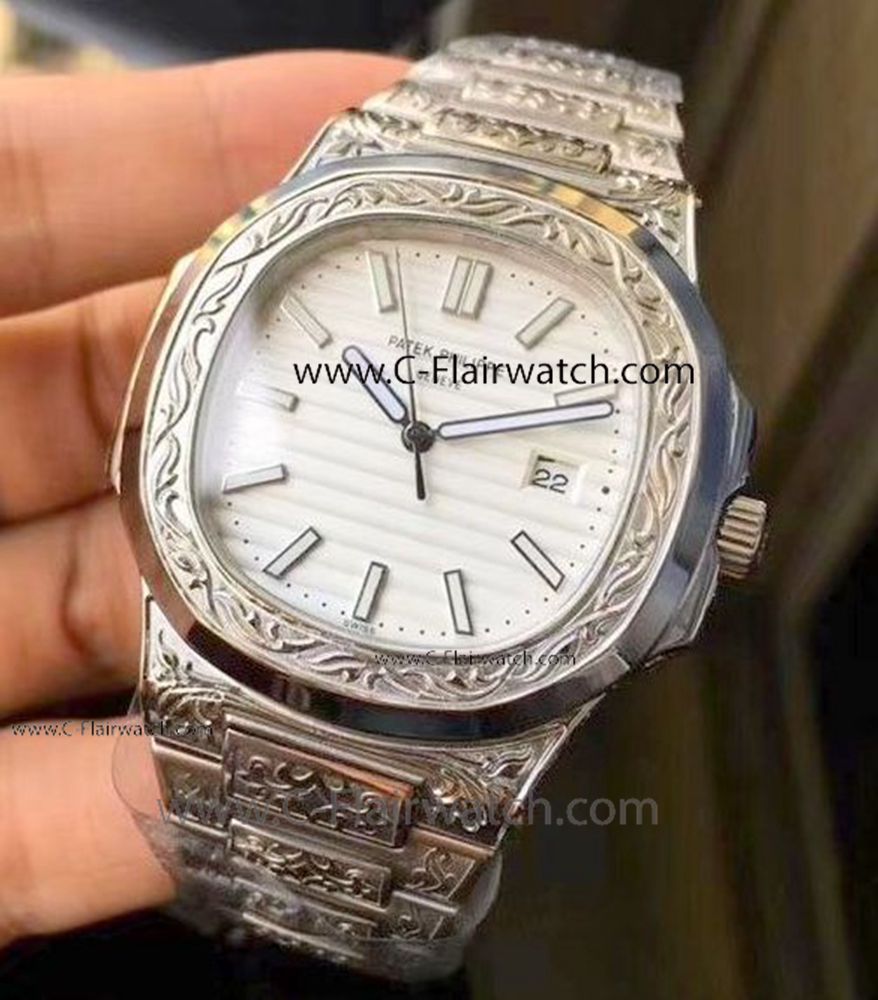 Copy Patek Philippe Nautilus White Face Engraved Case Watch